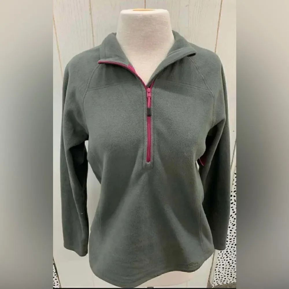 Eddie Bauer Gray Womens fleece front pink zipper jacket sweatshirt size Large